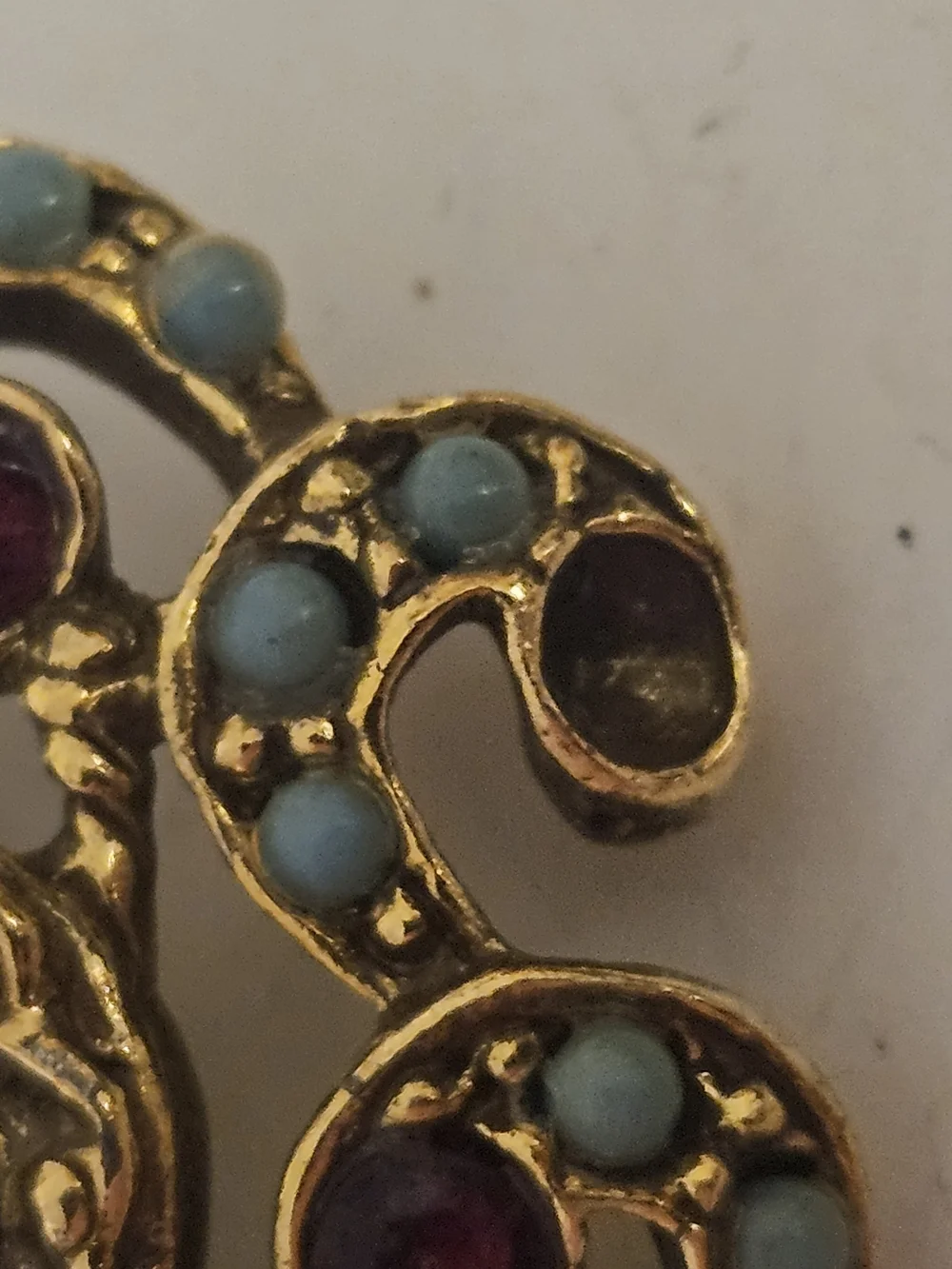 Gold-Tone Floral Brooch with Deep Red and Turquoise Accents